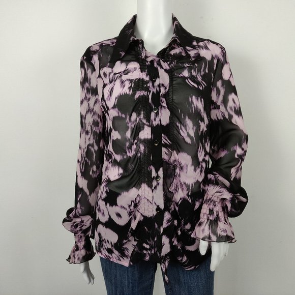 Escada Tops - Escada Silk Blouse Black Floral Bell Sleeve Ruffle